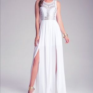 Bebe embellished slit white maxi dress small